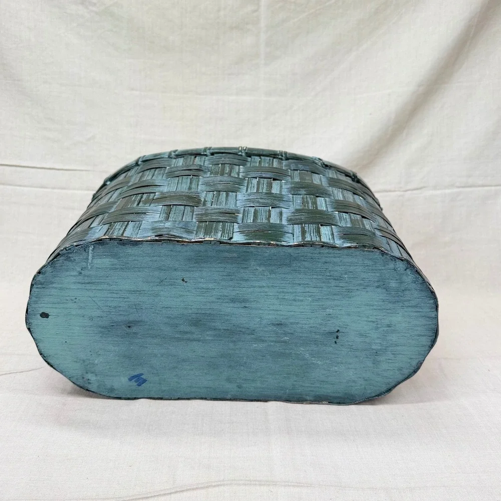 Vintage Dark Green Wicker Storage Basket Oval Handled Basket Cottage Decor